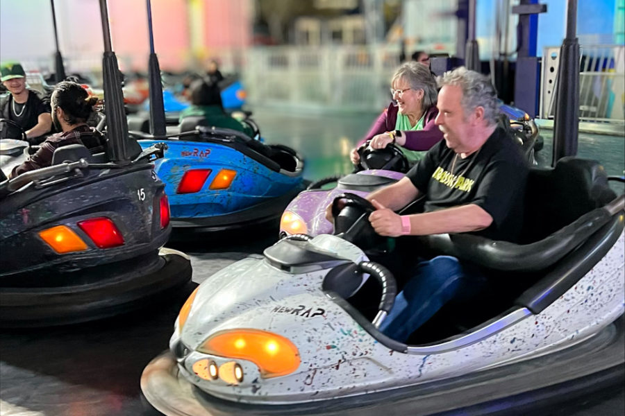 Racing bumper cars at the Ostrich Festival in Phoenix, Arizona